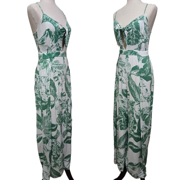 INA Tropical Print Jumpsuit Green Palm Leaf Tie Front Wide Leg Size Medium - Picture 5 of 16